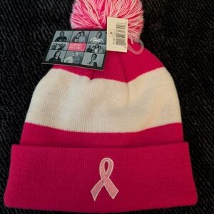 NWT Support The Cure Pink and White Women's Beanie with Pom Pom